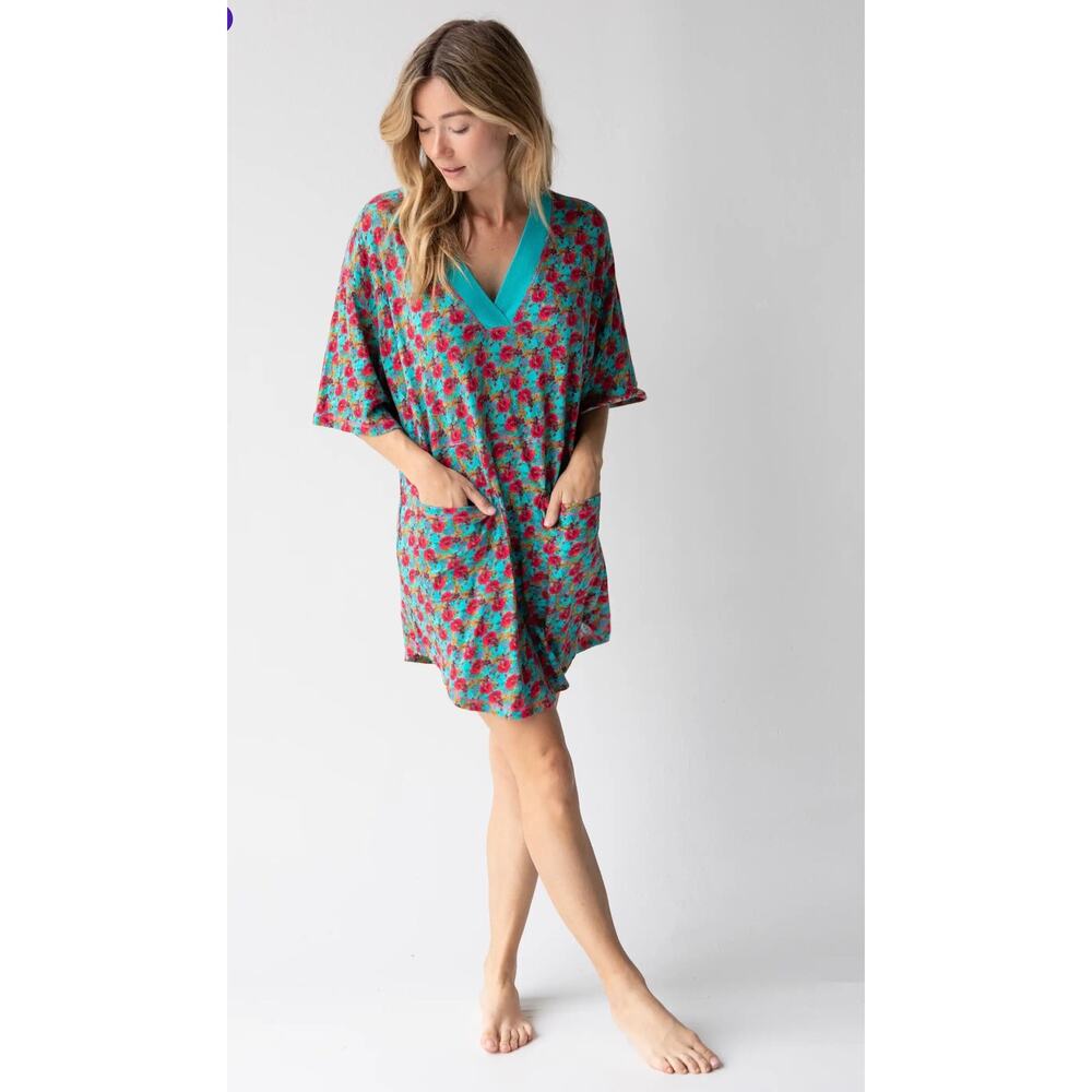Natural Life Womens XS Blue Floral Charlie V Neck Cotton Mini Boho Dress Casual